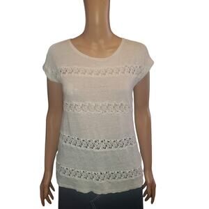AKEMI+KIN Anthropologie Size S  Lattice Stripe Crochet Cap Sleeve Top Linen FLAW